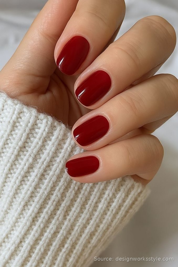Deep red polish on short oval nails