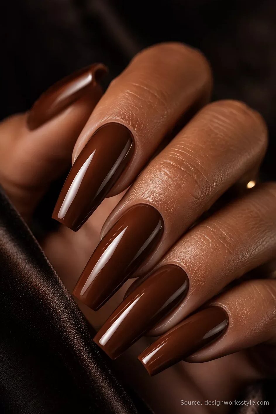 Glossy deep espresso brown nails on long coffin shape