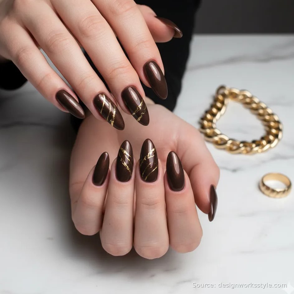 Espresso brown nails with champagne gold diagonal striping