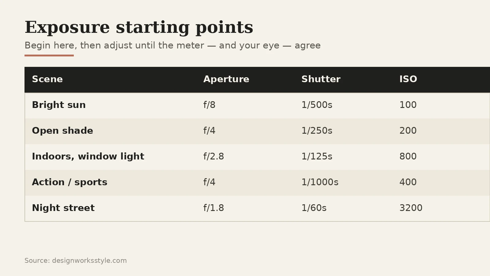 Quick-reference cheat sheet of starting exposure settings for sun, shade, indoors, and action
