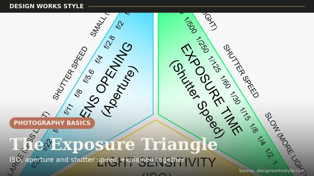 Exposure triangle diagram showing aperture, shutter speed and ISO