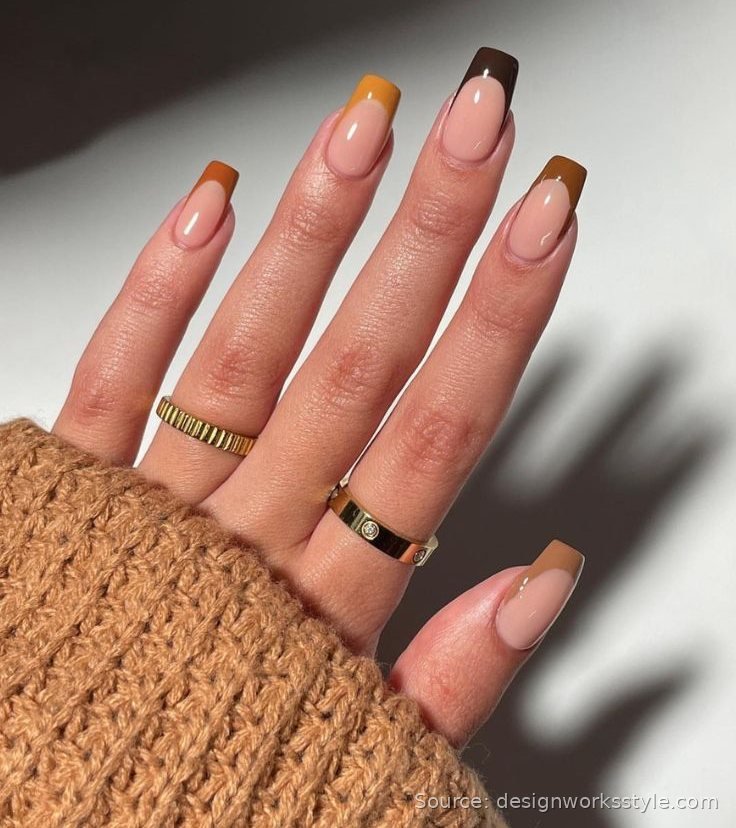 Pumpkin spice fall colored French tip nails on nude square nails