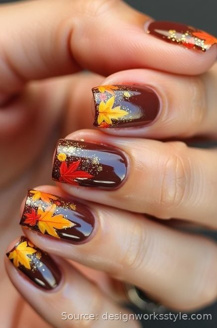 Falling maple leaf nail art on dark brown short square nails