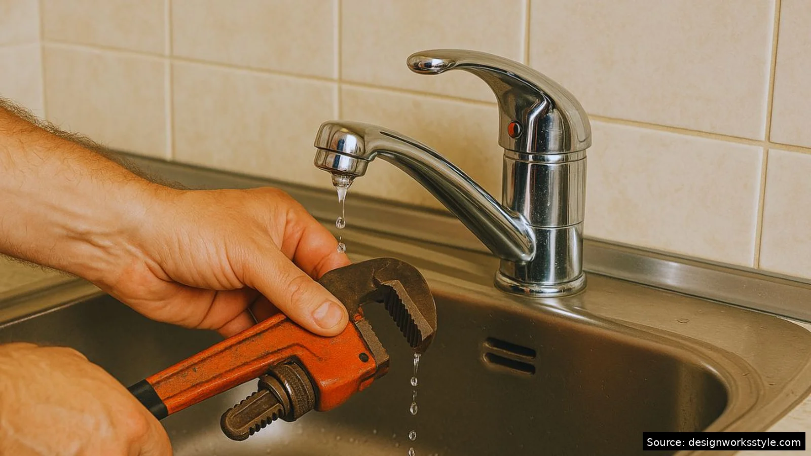 Hands fixing a leaky faucet with a wrench, a good first DIY plumbing repair