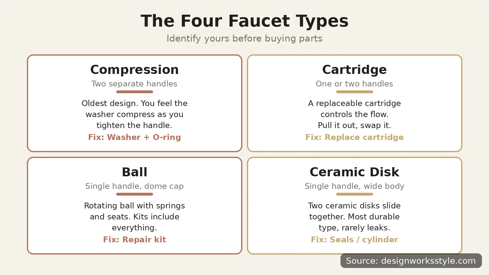Diagram of the four faucet types: compression, cartridge, ball, and ceramic disk