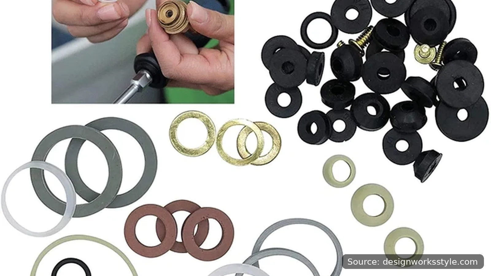 Faucet repair parts laid out: washer, O-ring, and tools