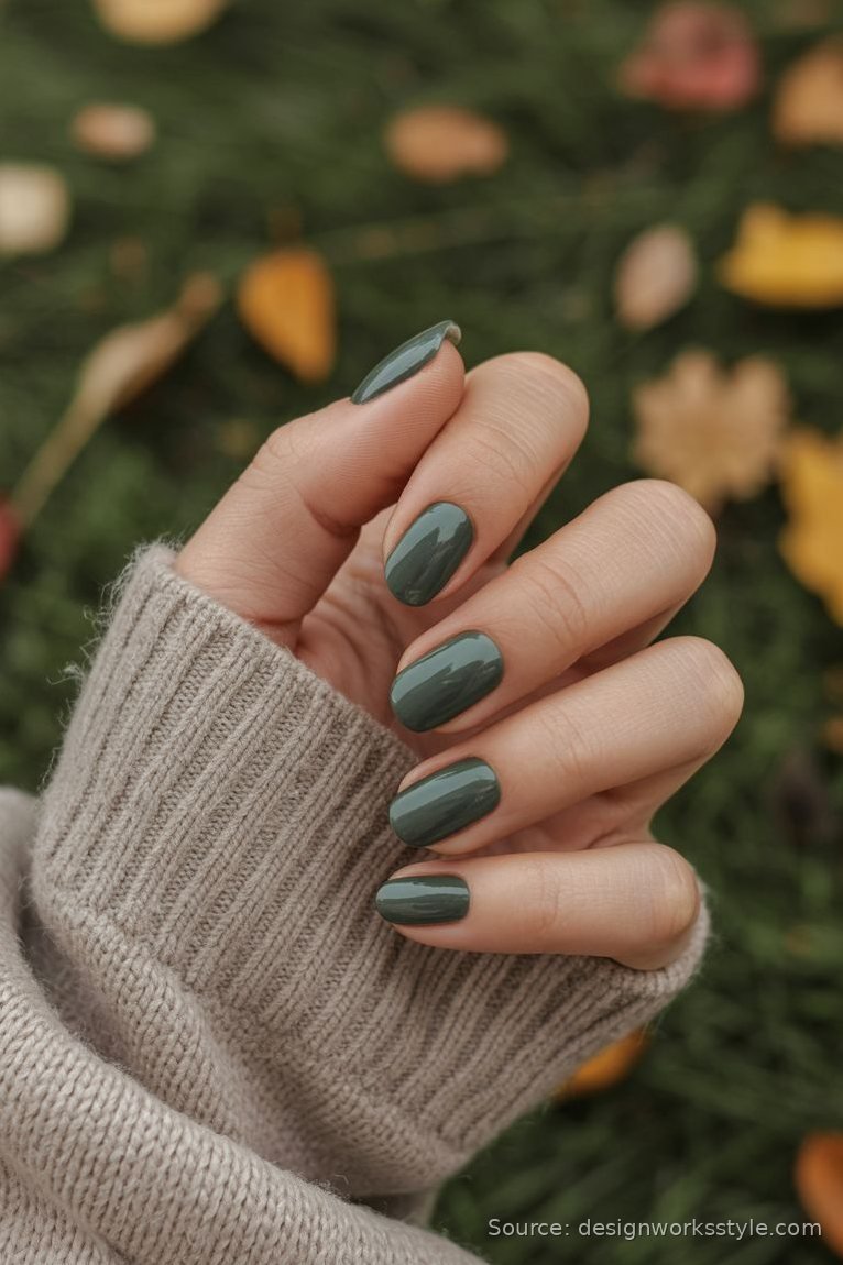 Deep forest green glossy nails with autumn leaves