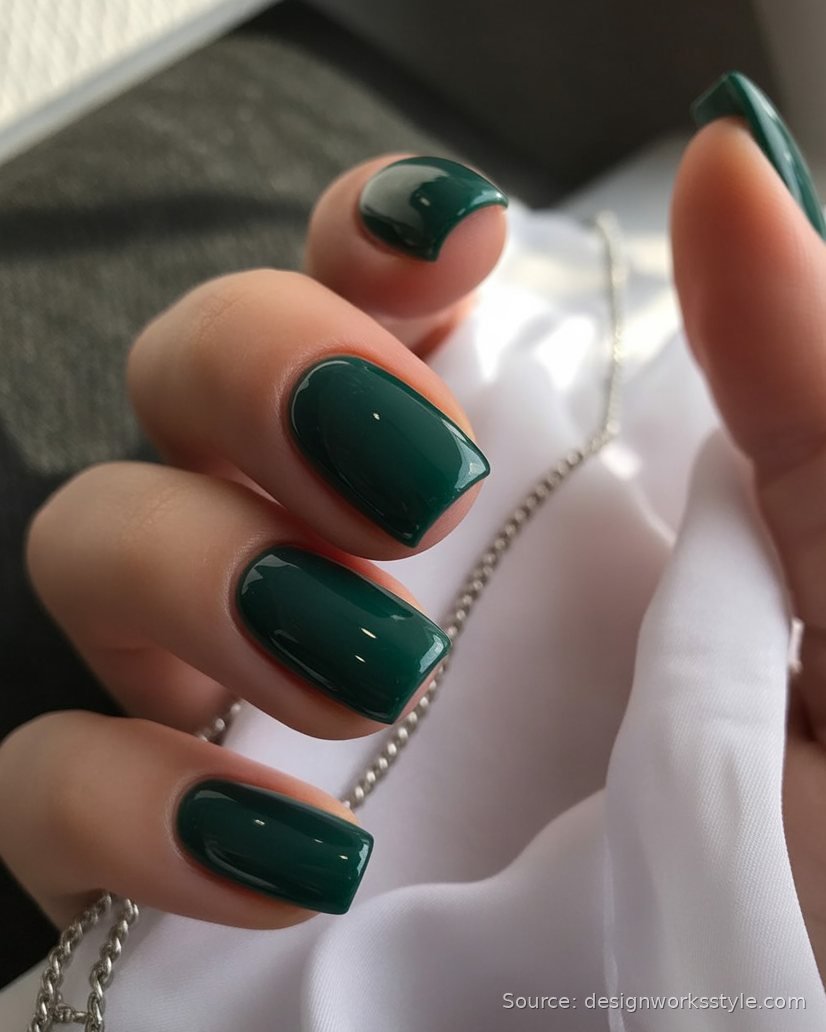 Glossy forest green fall nails on short square shape