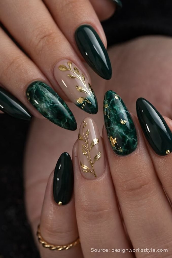 Forest green November nails with gold marble and gold leaf details