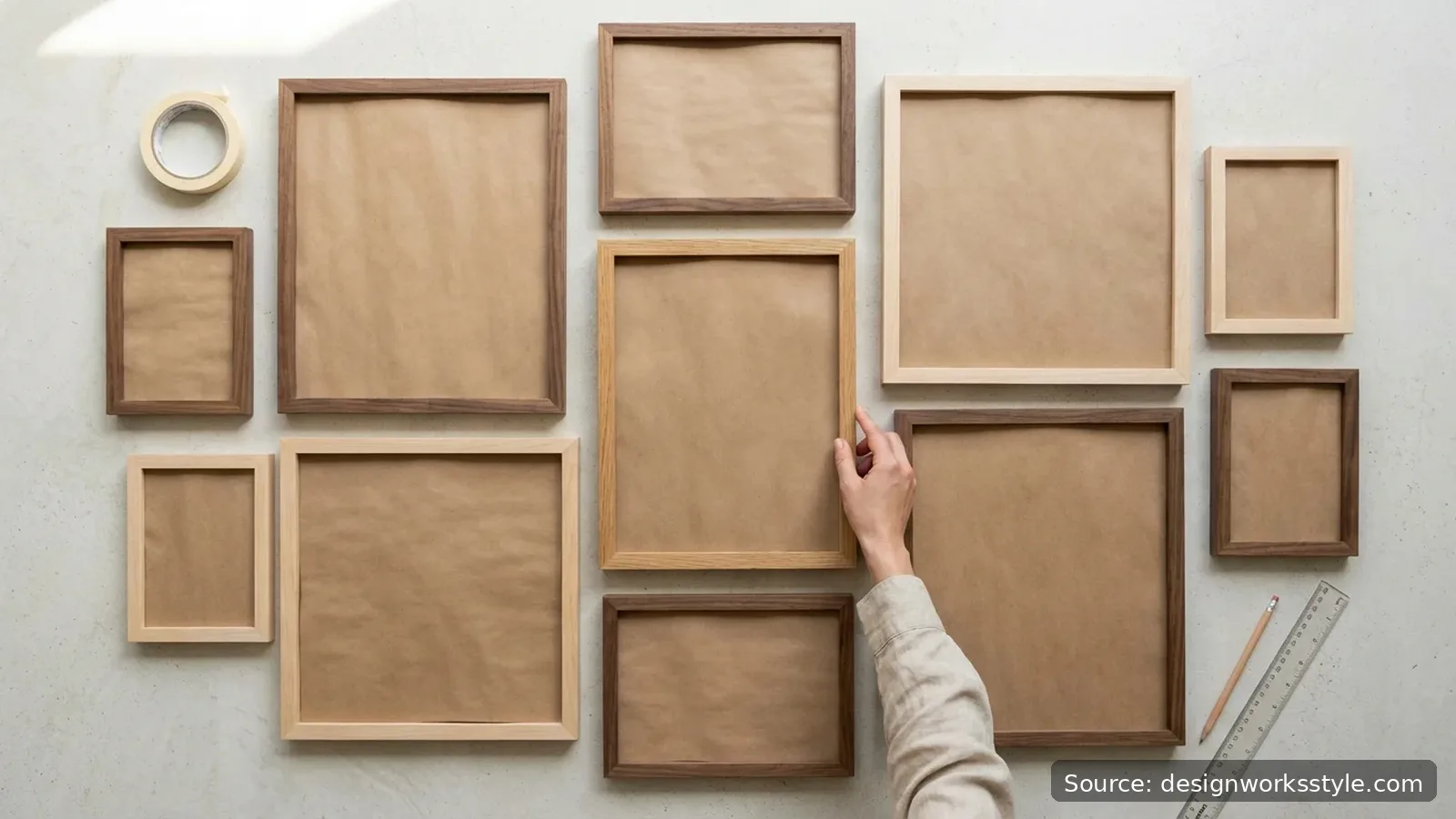 Planning a gallery wall layout on the floor before hanging