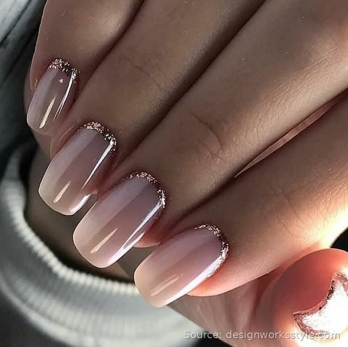 Nude short nails with glitter cuticle line accents
