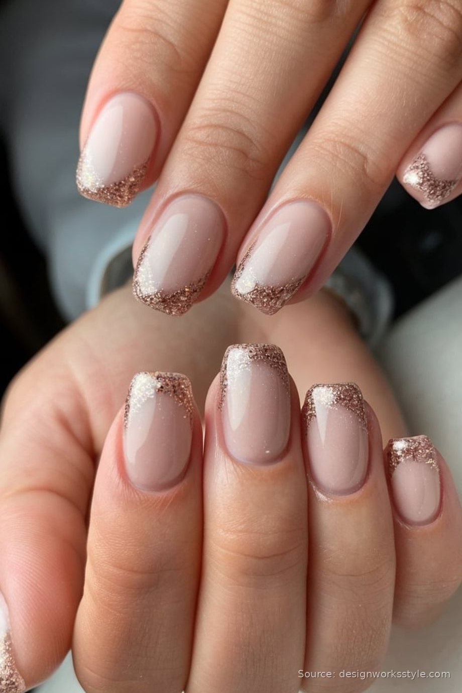 Gold glitter French tip nails on nude nails