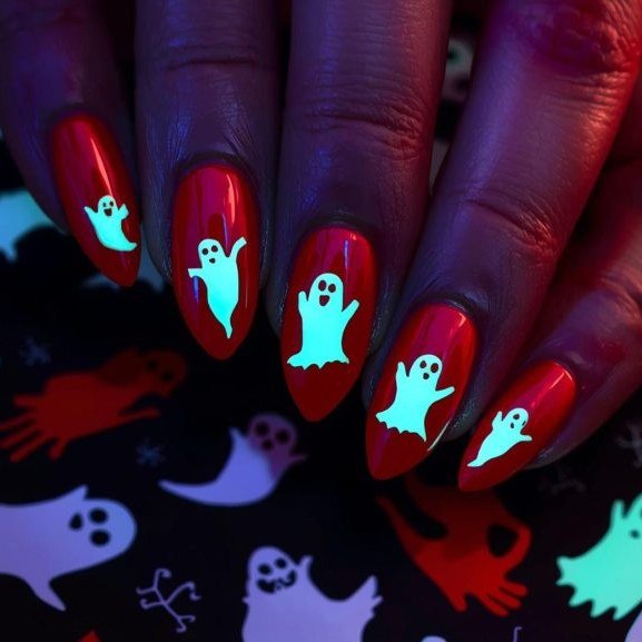 Red Halloween nails with glow-in-the-dark ghost nail art glowing under blacklight