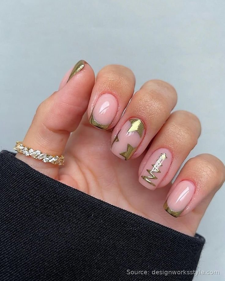 Gold chrome French tip Christmas nails with gold tree and star art