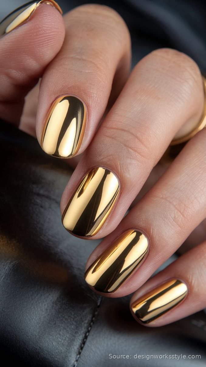 Gold chrome nails with a high shine mirror finish