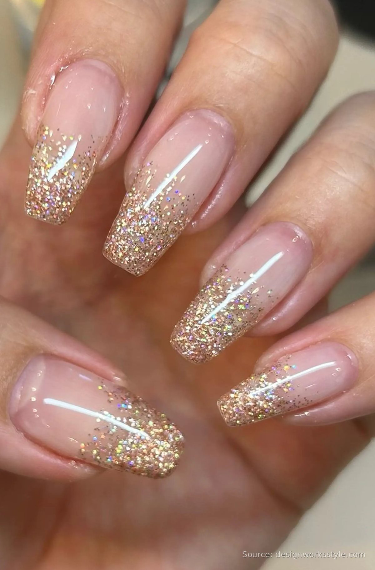Nude November nails with gold glitter fade tips on square nails