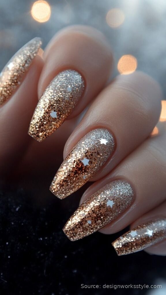 Gold glitter nails with star accents on long coffin nails for New Year's Eve