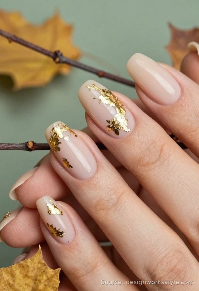 Nude nails with gold leaf flake accents and autumn leaves