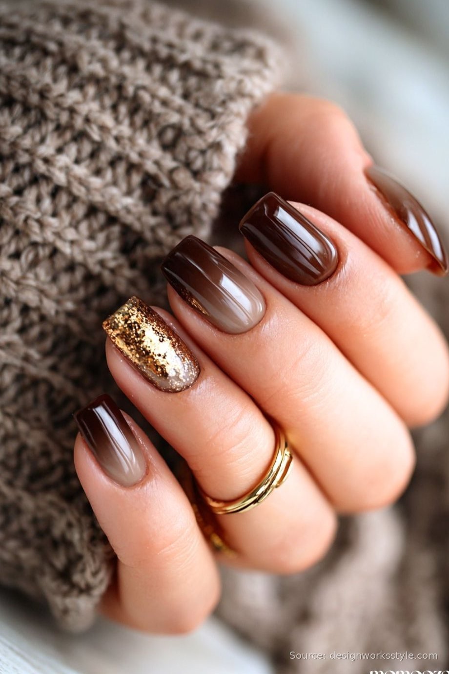 Espresso to nude ombre nails with gold glitter accent nail