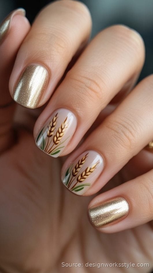Golden chrome Thanksgiving nails with painted wheat stalk nail art