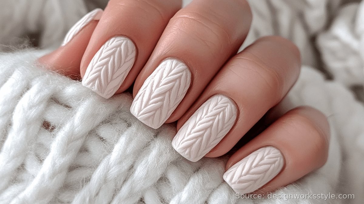 Cable knit sweater texture winter nails in cream white with cozy knit cuffs