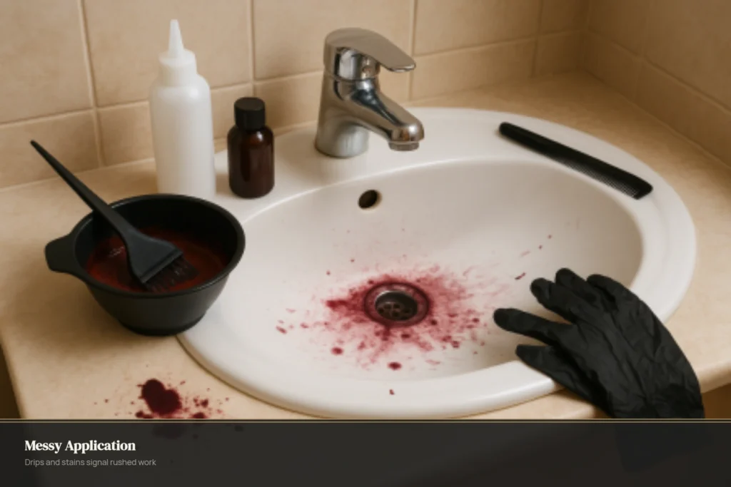 Bathroom sink splattered with red hair dye from messy at-home application