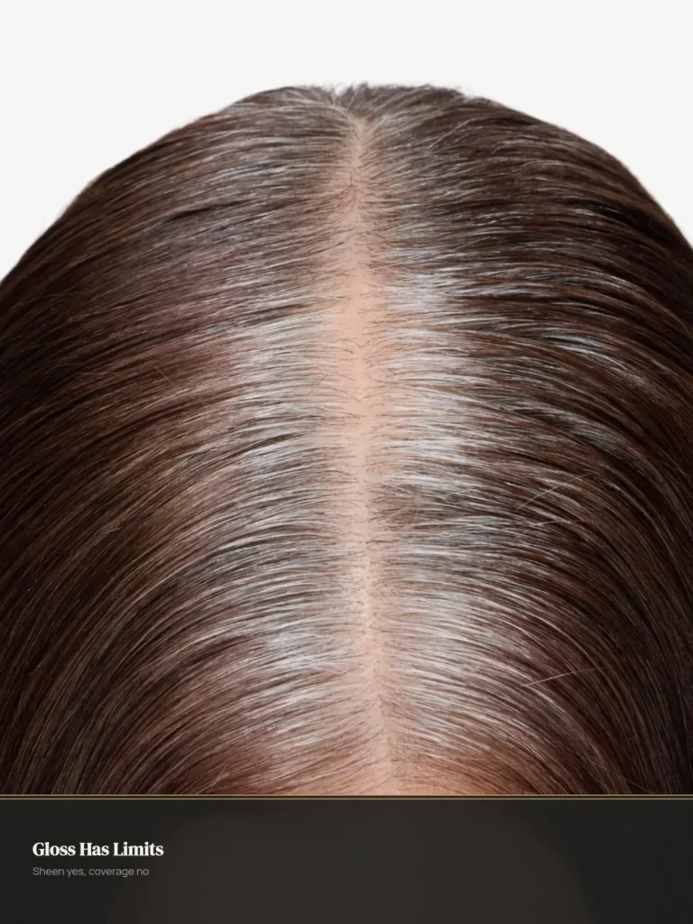 Grey roots showing through glossy brown hair