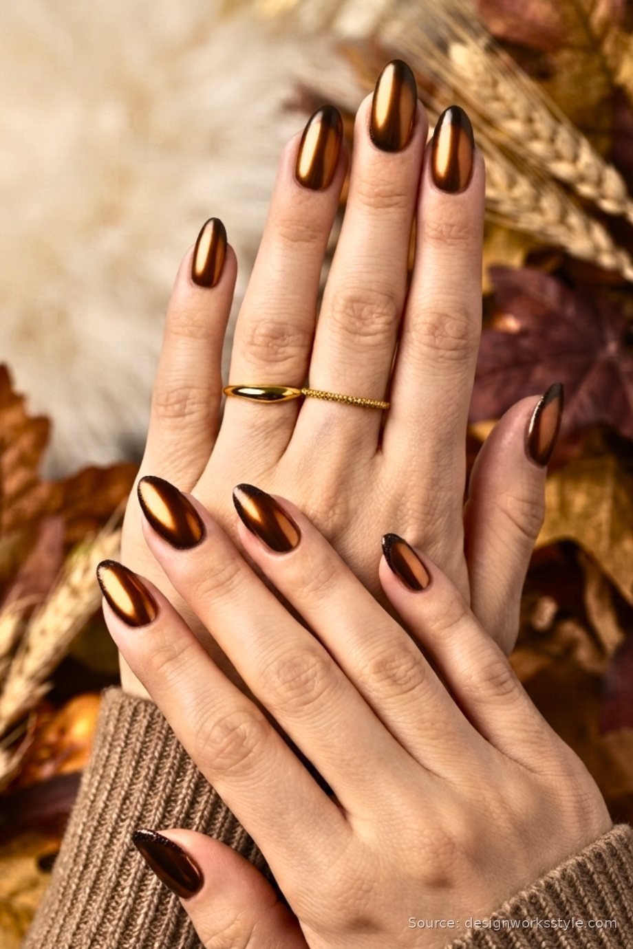 Bronze gold chrome Thanksgiving nails with autumn leaves and wheat styling