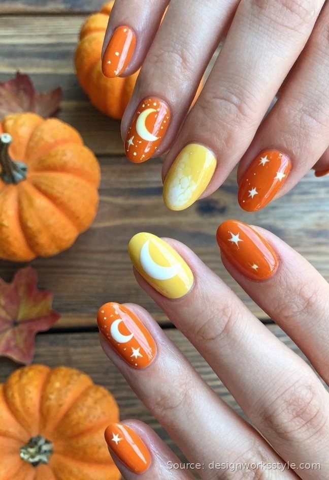 Pumpkin orange harvest moon nails with moon and star art beside mini pumpkins