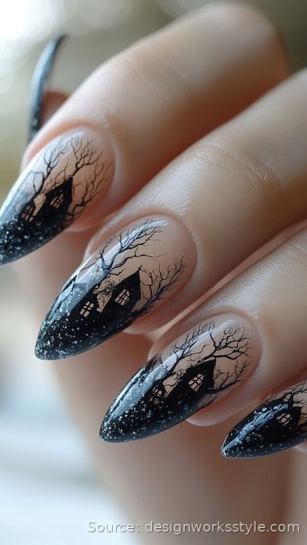 Haunted house silhouette nail art with bare trees on glittery black French nails