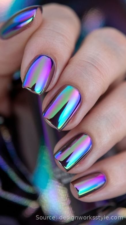 Holographic chrome nails shifting through rainbow colors
