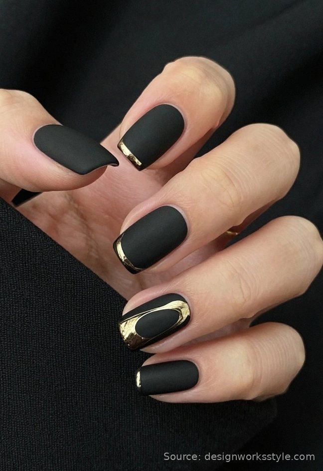 Matte black nails with shiny gold chrome tips