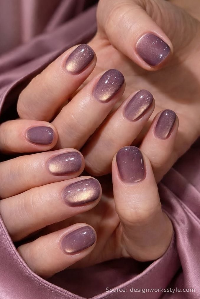 Mauve magnetic cat eye nails on short rounded nails