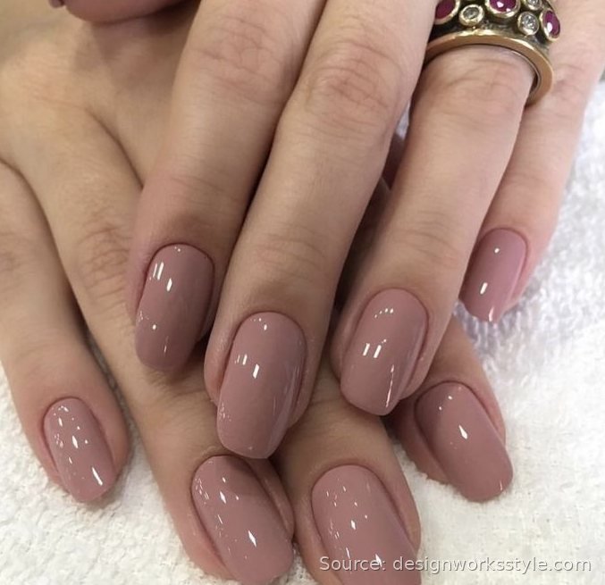 Mauve nude manicure on oval shaped nails
