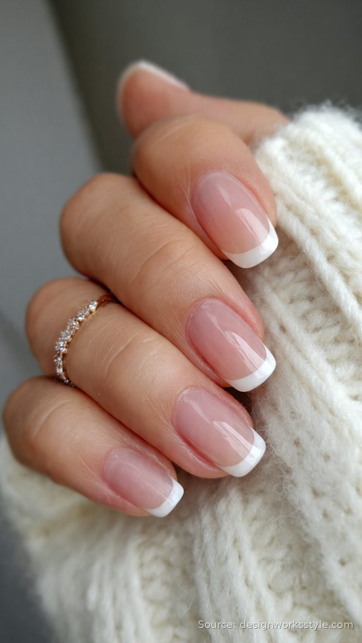 Micro French tip nails with ultra thin white tips on nude nails