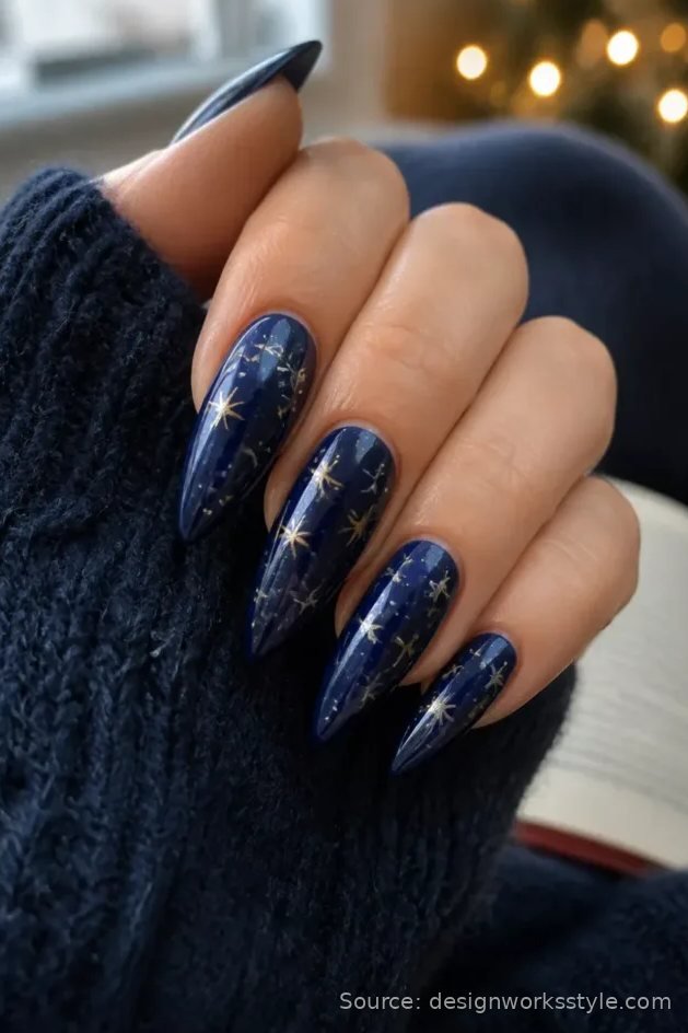 Midnight blue Christmas nails with gold star art on almond shape