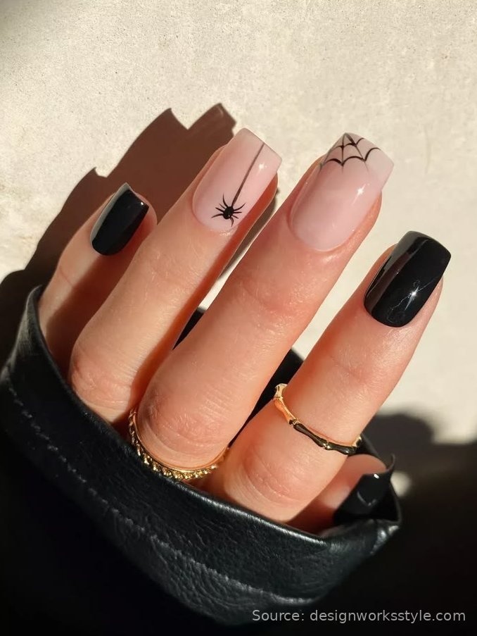 Tiny black spider hanging from a thread on sheer nude nails with web accent
