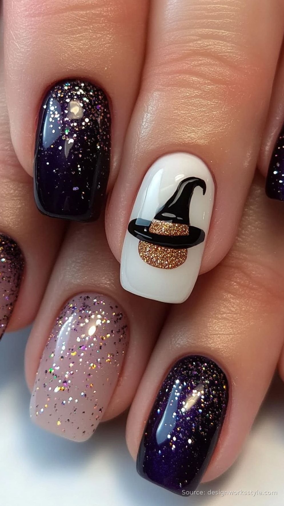 Witch hat accent nail with dark purple glitter nails