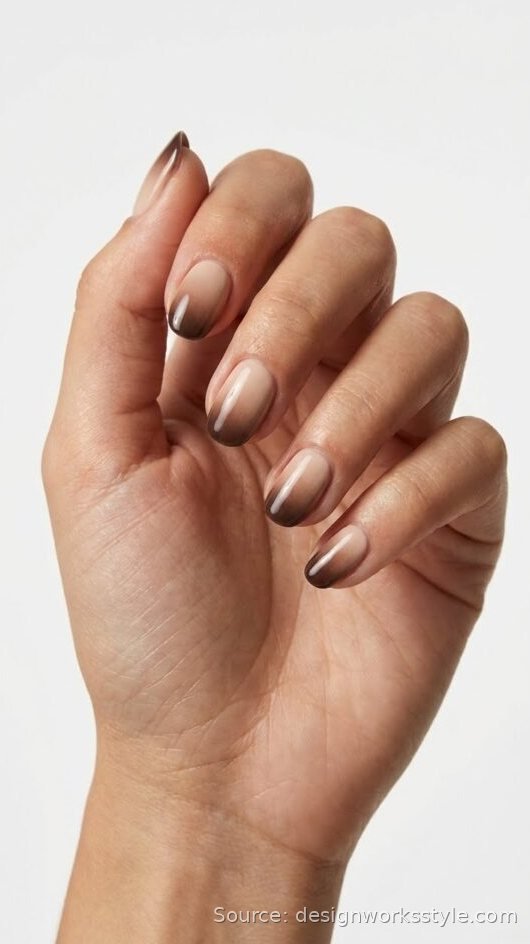 Mocha ombre nails fading from brown to nude on almond shape