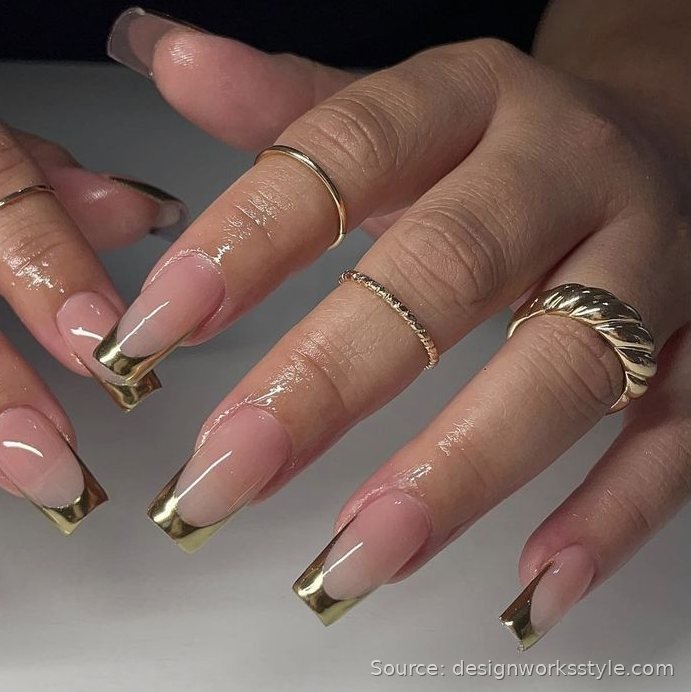 Nude coffin nails with gold chrome tips and gold rings