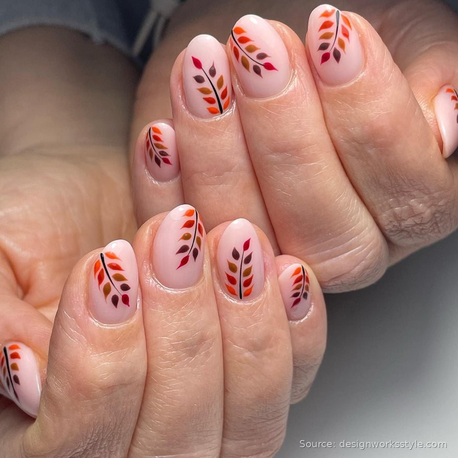 Nude Thanksgiving nails with fall leaf sprig nail art