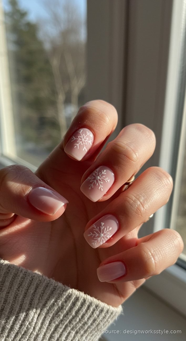 Nude winter nails with white snowflake nail art