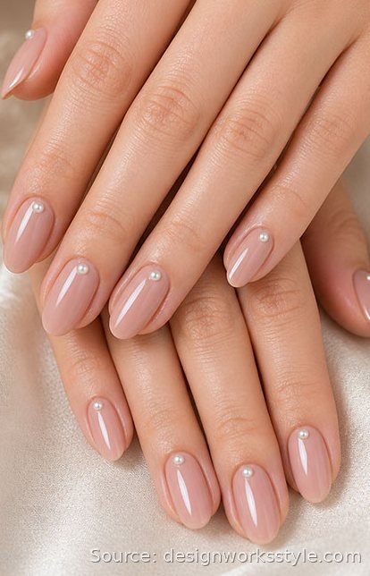 Nude nails with a tiny pearl accent on each nail
