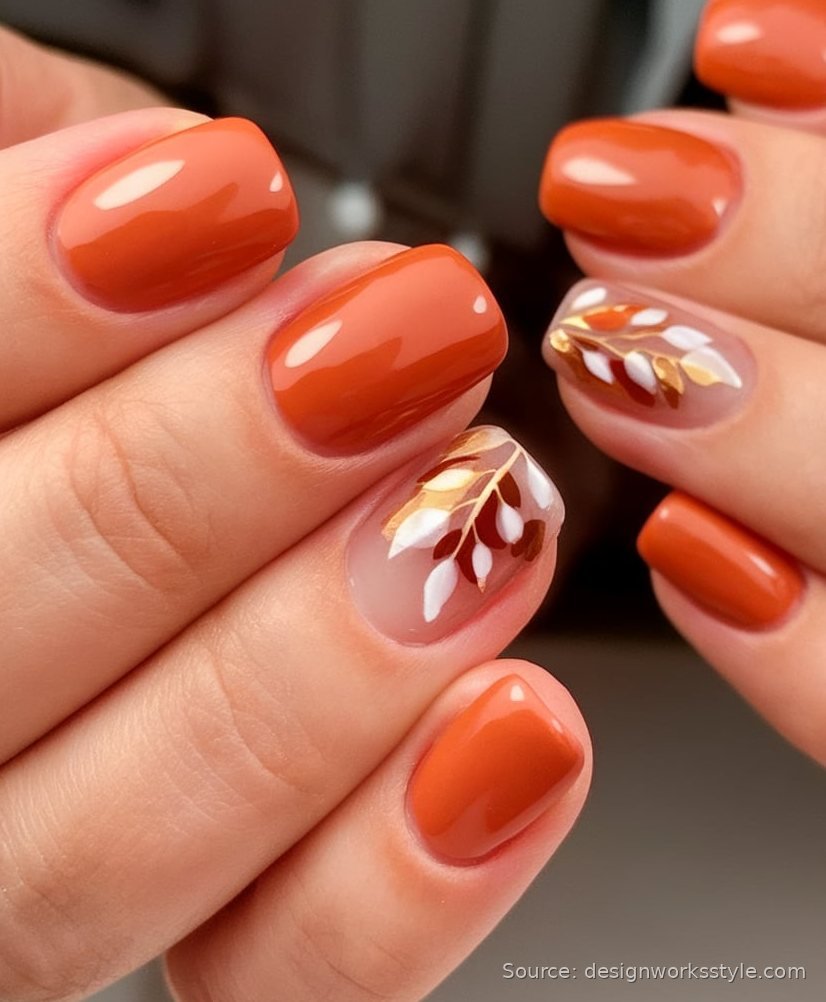 Burnt orange nails with falling leaf nail art accents in white and gold