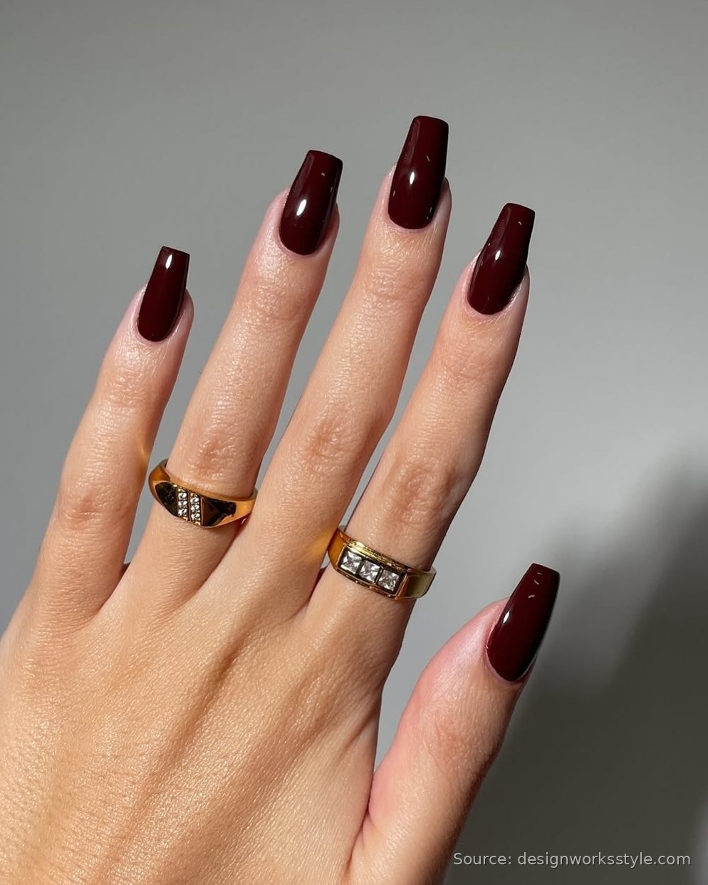 Oxblood red coffin nails with gold rings
