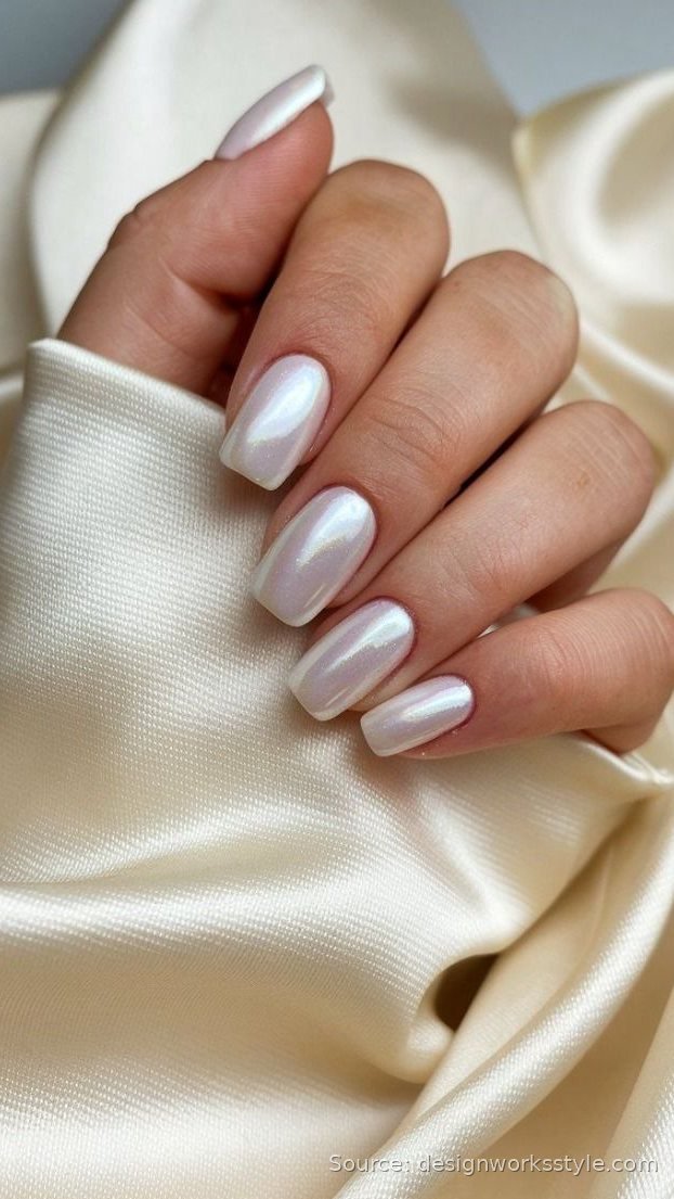 Pearl chrome nails with a soft white iridescent glow