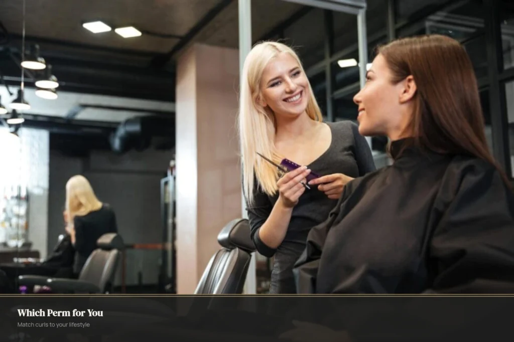 Client consulting with stylist about perm options