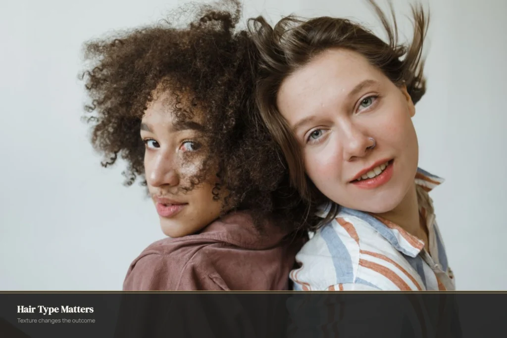 Two women showing curly versus fine straight hair texture contrast