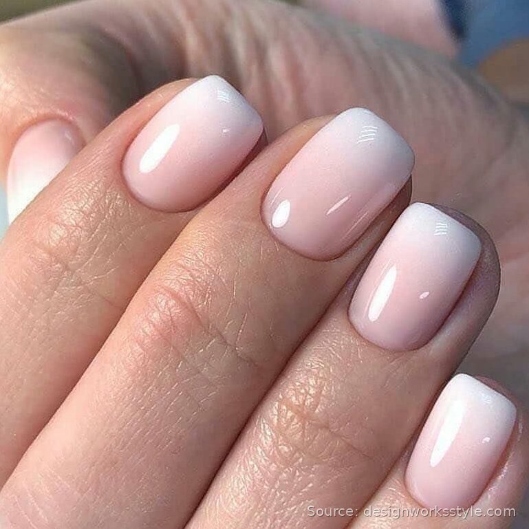 Pink to white ombre nails on short square nails