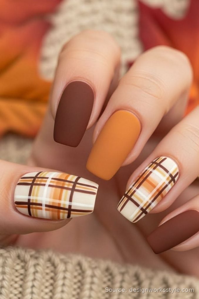 Matte brown and pumpkin plaid flannel fall nails with white plaid accents